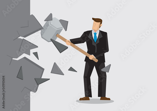 Illustration of business man breaking down the wall.