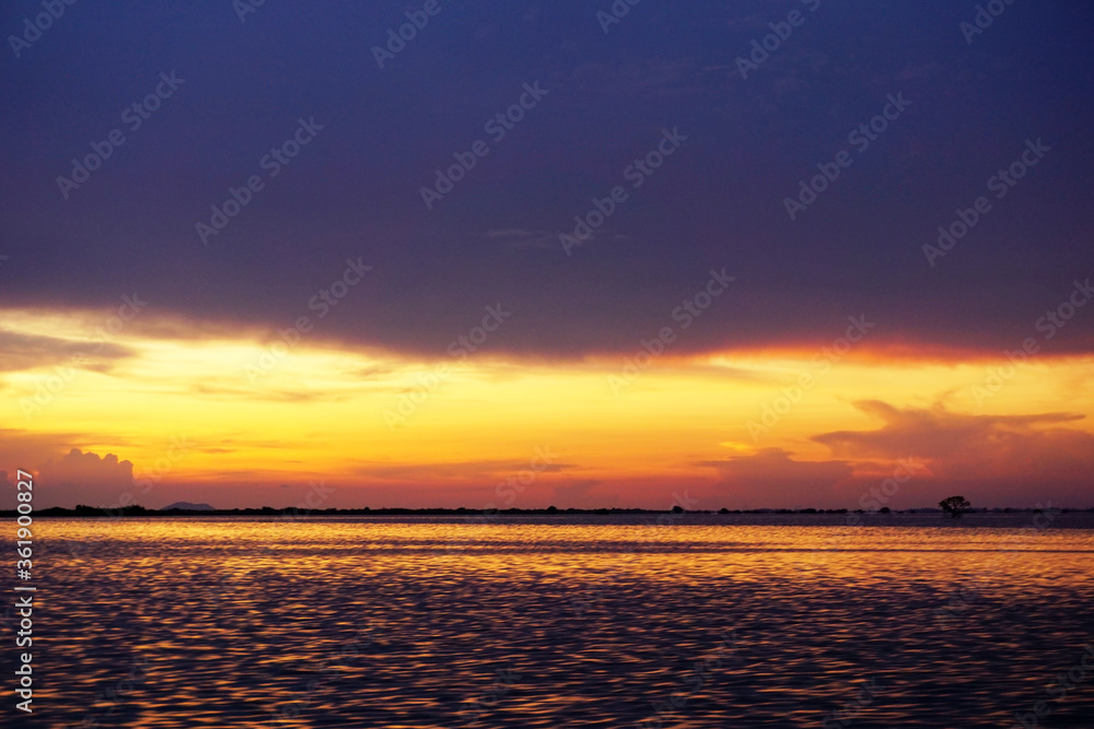 Sunset across the Tonle Sap Lake in Cambodia
