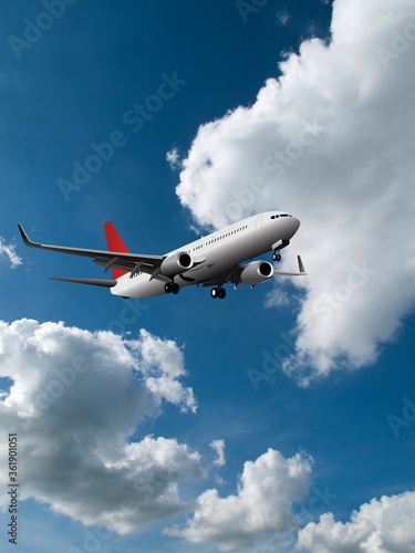 Commercial passenger airplane with landing gear down flying across a blue cloudy sky