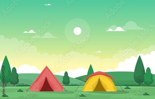 Camping Adventure Outdoor Park Summer Nature Landscape Cartoon Illustration © jongjawi