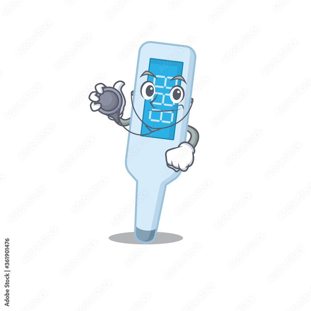 A dedicated digital thermometer doctor caricature design working with tools