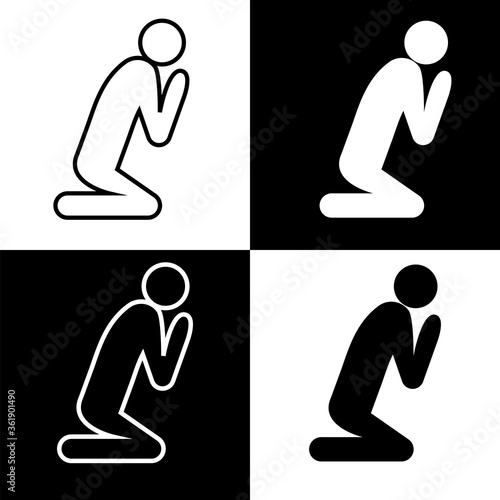 Icon of a praying person. White and black silhouettes of a man who prays. Religion worship vector. Stock Photo.