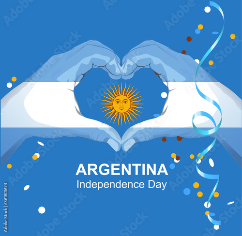 Argentina Independence Day greeting card. Hands palm argentina flag and sun show heart love symbol