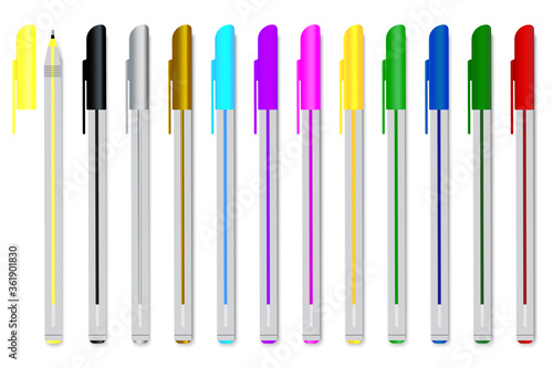 Colored pens  set. Illustration of stationery for office and study. Plastic school pens. Stock Photo.
