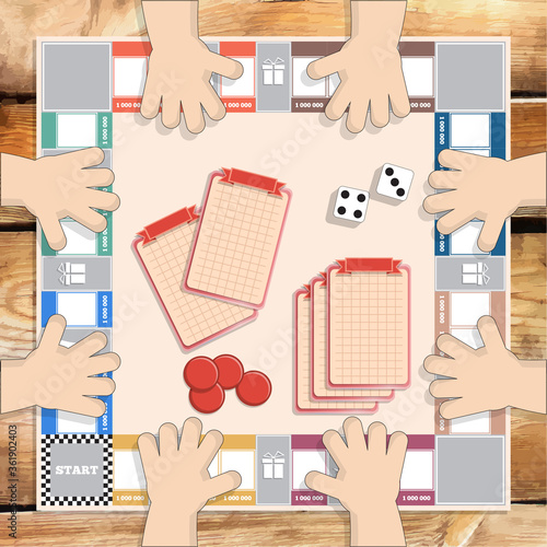 A board game on a wooden table. View from above. Vector illustration.