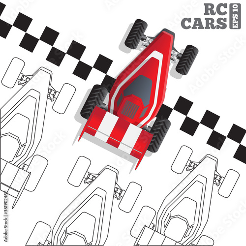 Races radio-controlled cars at the finish. View from above. Vector illustration.