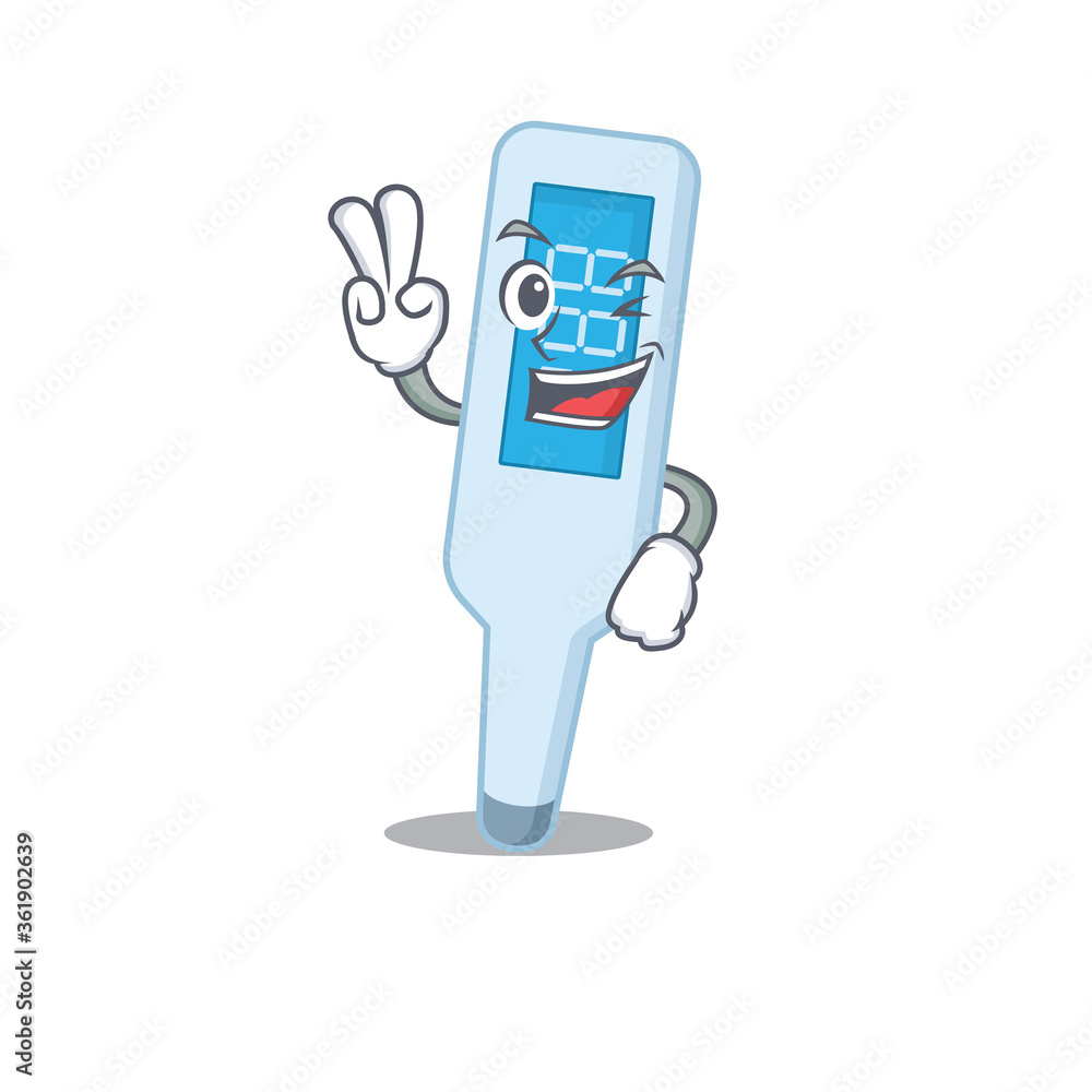 A joyful digital thermometer cartoon mascot style show two fingers pose A joyful digital thermometer cartoon mascot style show two fingers pose