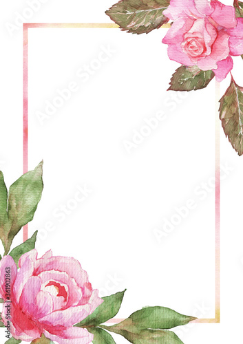 Watercolor frame decorated with hand-painted pink rose and peony with green leaves. Design template.