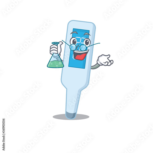 Super Genius Professor of digital thermometer Caricature character working on a lab