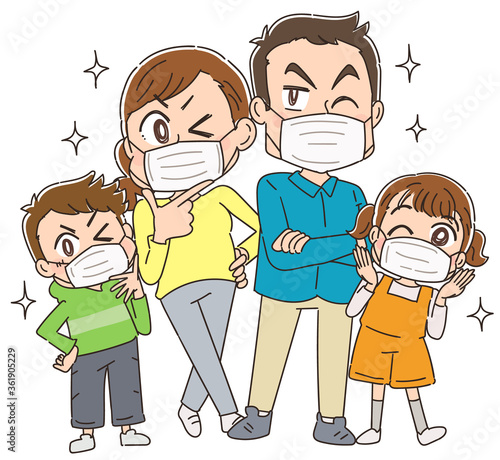 マスクを付けてウイルス対策をする家族 親子