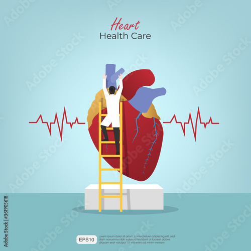 Heart health medical design concept. specialist doctor gives treatment and therapy for hearth problem and disease vector illustration. for poster, flyer, cover, social media printing or website
