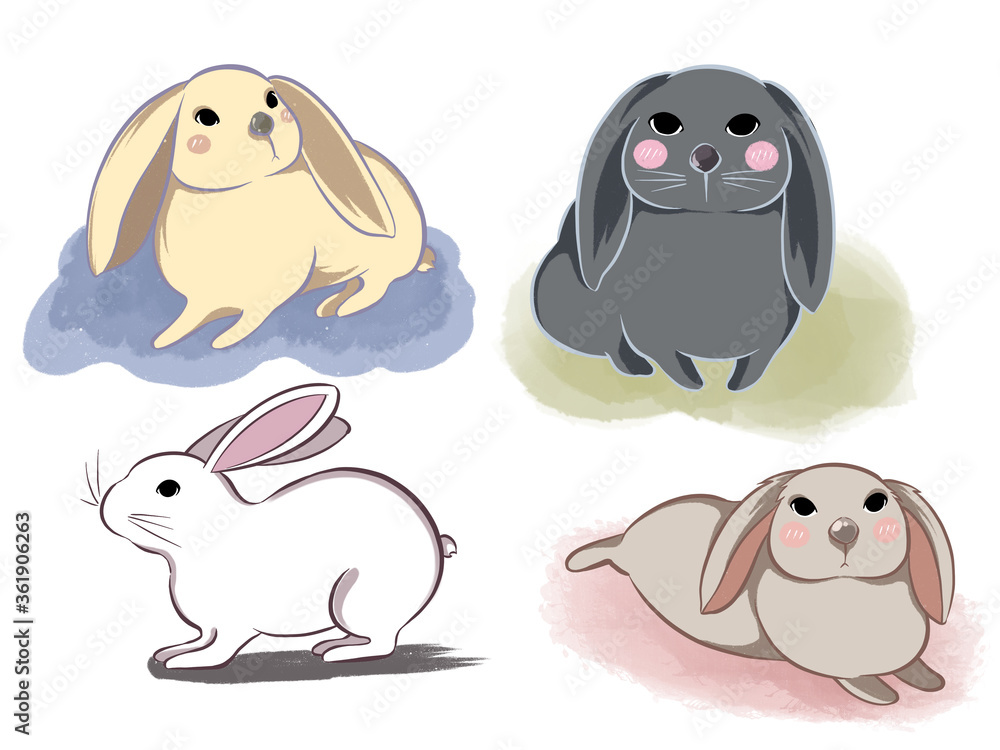 Illustration of rabbits, cartoon design, digtal art.