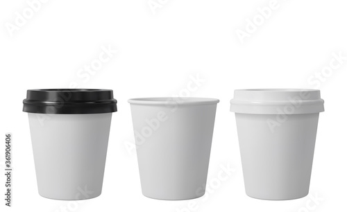 Little paper coffee cups with black and white lids. Open and closed small paper cup. Realistic vector mockup.