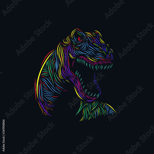 the dinosaur t rex line pop art potrait colorful logo with dark background