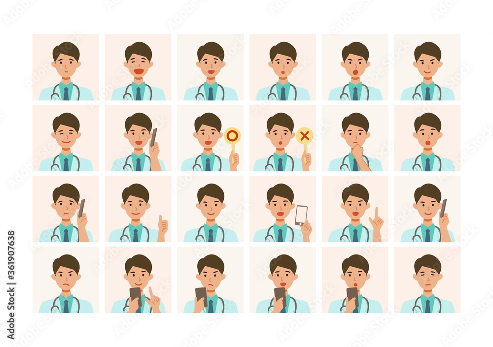 Face expressions of a doctor man in lab coat. Different male emotions and poses set. Face expressions of a doctor man in lab coat. Different male emotions and poses set.