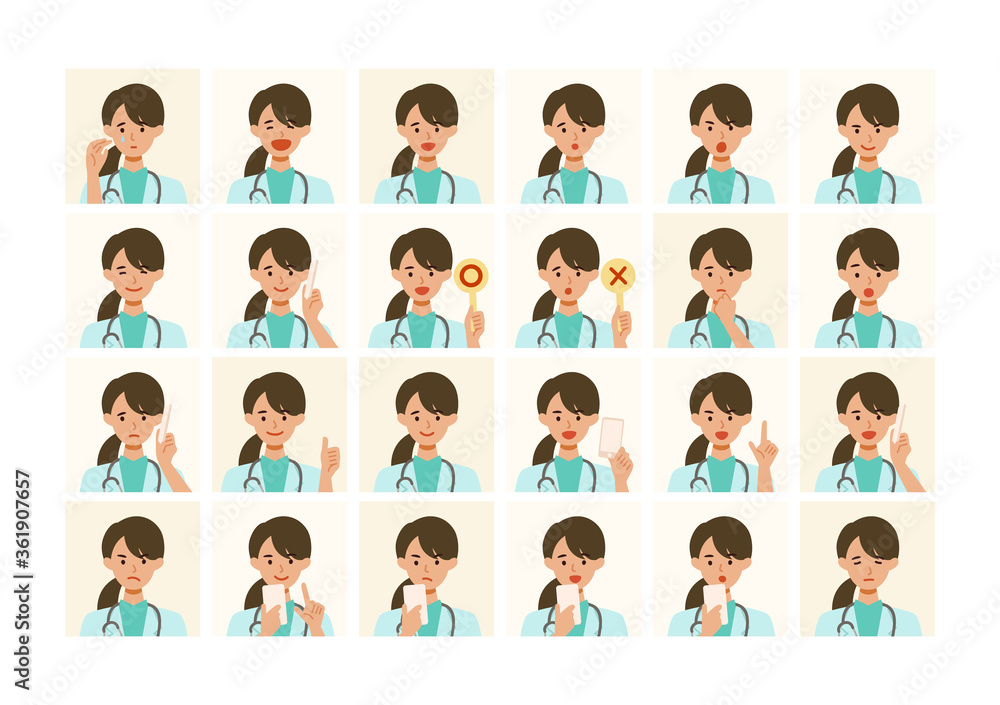 Face expressions of a doctor woman in lab coat. Different female emotions and poses set. Face expressions of a doctor woman in lab coat. Different female emotions and poses set.