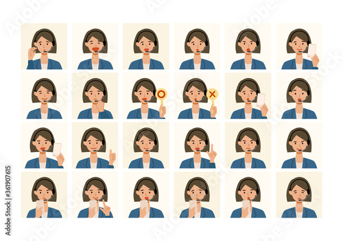 Face expressions of a businesswoman works in call center. Different female emotions and poses set.