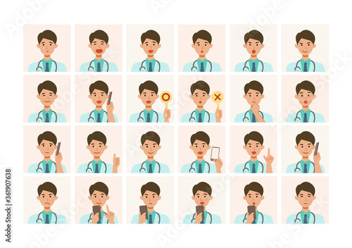 Face expressions of a doctor man in lab coat. Different male emotions and poses set.