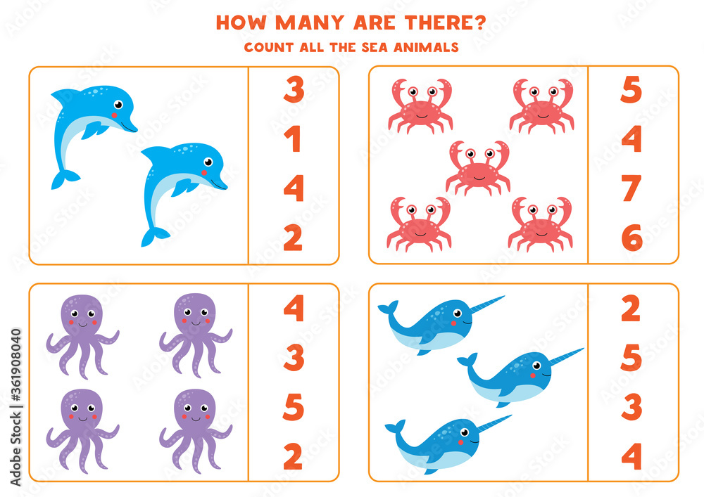 Math game with cartoon sea animals. Count and circle the right answer.