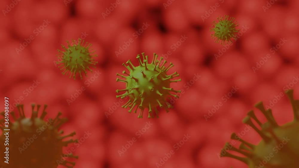 Coronavirus Covid-19 cells animation with blood cells background, focus in the middle cell. Pandemic medicine quarantine lockdown health outbreak related Coronavirus Covid-19 cells animation with blood cells background, focus in the middle cell. Pandemic medicine quarantine lockdown health outbreak related