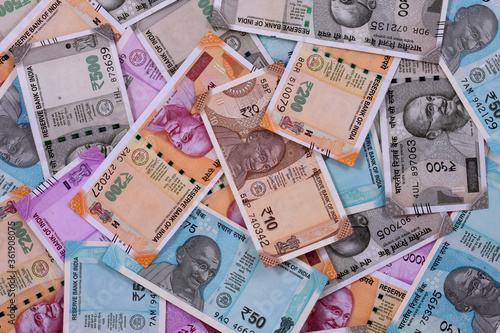 New Indian currency of 2000,500,200,50 and 10 rupee notes background