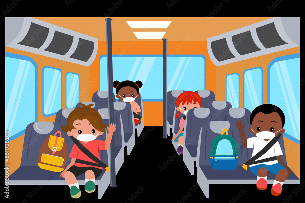 diversity kids wearing face mask and keep social distancing while sit on school bus. New normal and back to school concept. diversity kids wearing face mask and keep social distancing while sit on school bus. New normal and back to school concept.