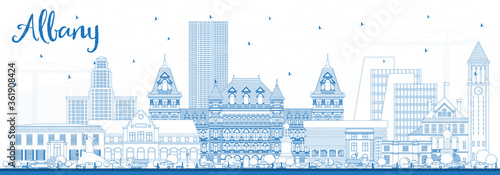 Outline Albany New York City Skyline with Blue Buildings.