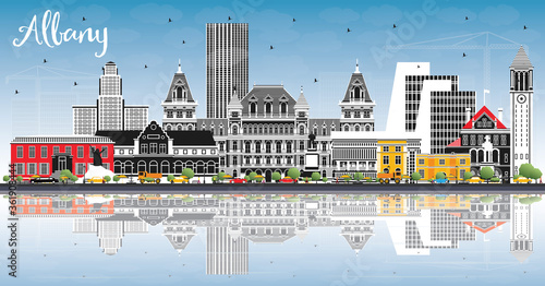 Albany New York City Skyline with Color Buildings, Blue Sky and Reflections.