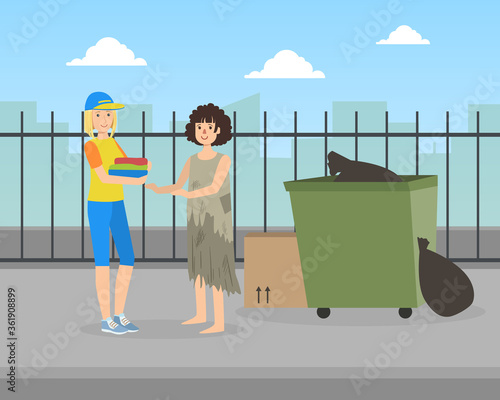 Male Volunteer Helping Homeless Woman, Volunteering, Charity, Supporting People Concept Vector Illustration