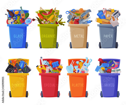 Waste Sorting, Set of Trash Cans with Sorted Garbage, Segregation and Separation Rubbish Disposal Refuse Bins Vector Illustratio