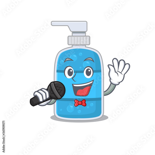 cartoon character of hand wash gel sing a song with a microphone © kongvector