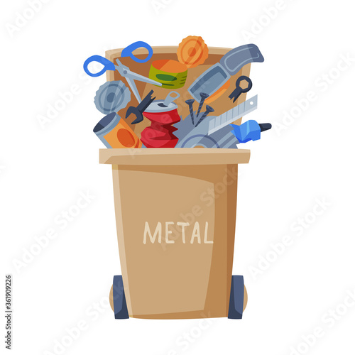 Waste Sorting, Trash Can with Metal Sorted Garbage, Segregation and Separation Rubbish Disposal Refuse Bin Vector Illustration