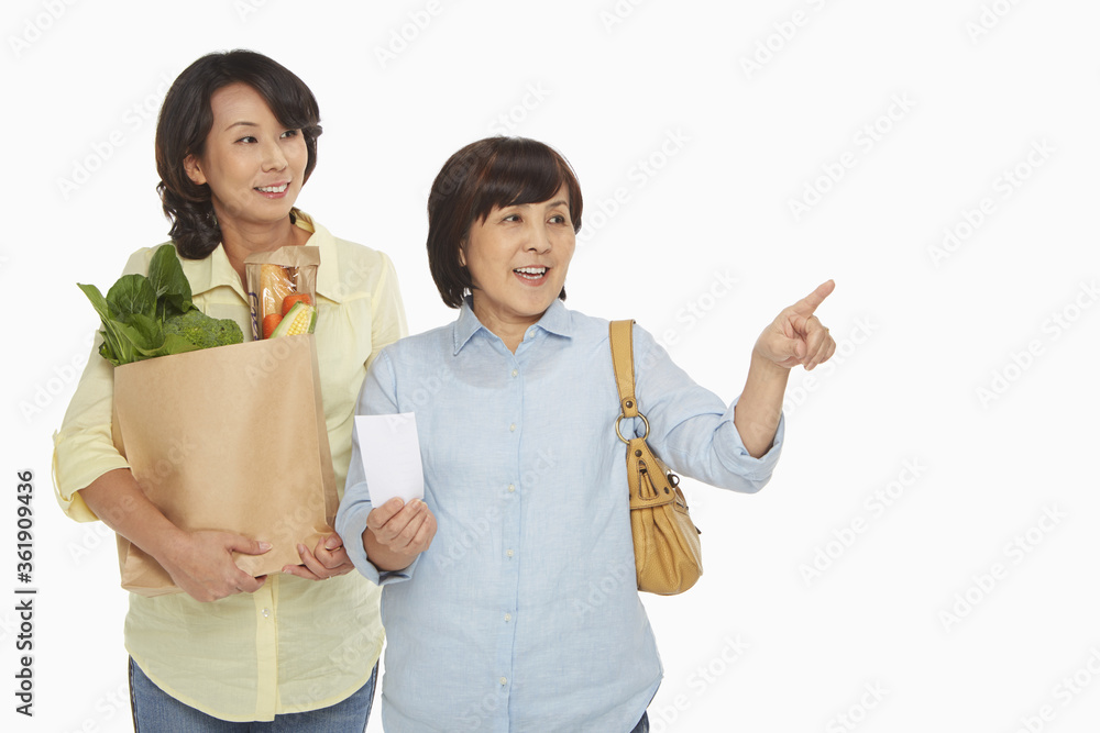 Women with groceries checking their shopping list Women with groceries checking their shopping list
