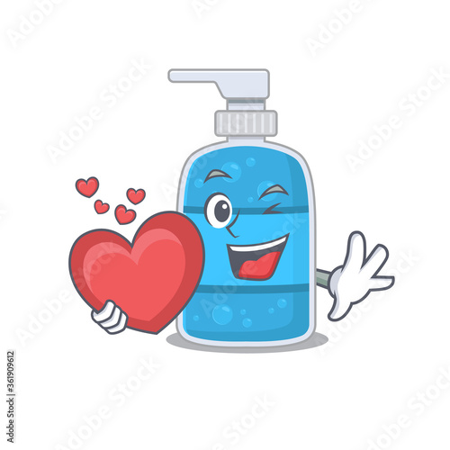 A sweet hand wash gel cartoon character style holding a big heart