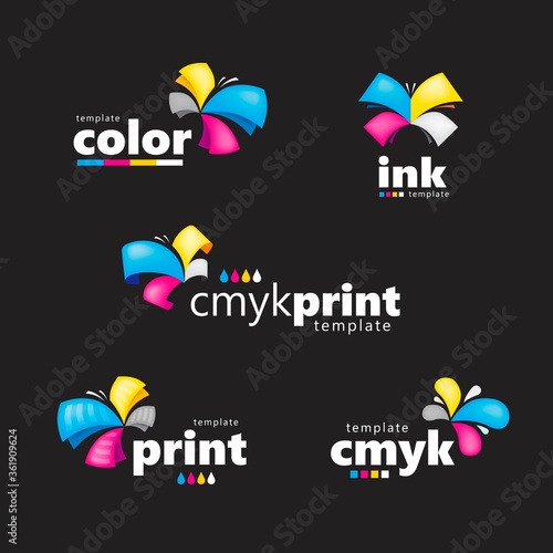 Set logo cmyk print polygraphy abstract butterfly colorful flyer  black background