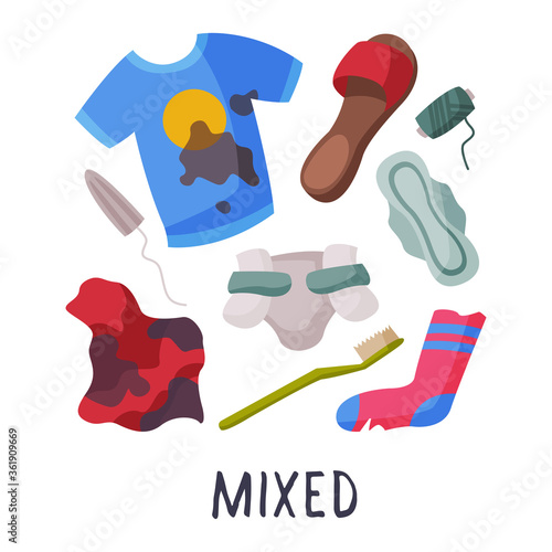 Mixed Waste, Sorting, Segregation and Separation of Garbage Vector Illustration on White Background