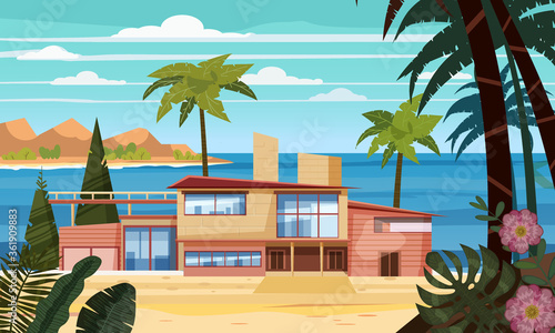 Sea shore beach luxury cottage villa house for rest with palms and plants, sea, ocean