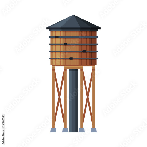 Wooden Water Tower, Liquid Storage Tank, Countryside Life Object Flat Vector Illustration on White Background