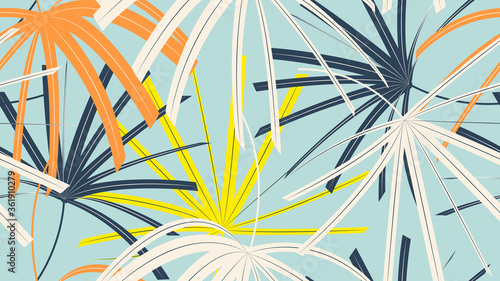 Foliage seamless pattern, simple colorful Rhapis excelsa leaves on blue