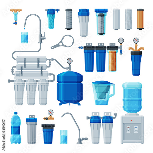 Water Filters Set, Equipment for Water Cleaning, Special Modern Technologies for Liquid Purification Vector Illustration on White Background
