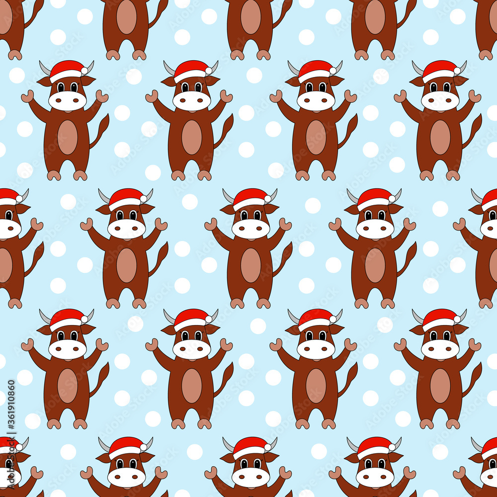 Obraz premium Seamless pattern with cartoon bull in santa hat. Vector illustration.