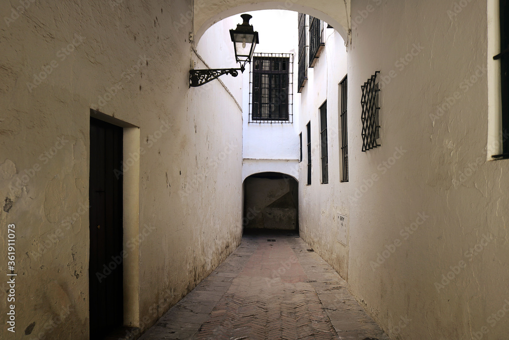 traditional narrow street in the old town of Seville, Spain - white walls, barred windows, ancient doors and a streetlight