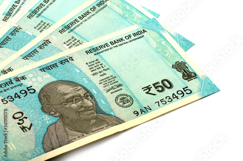 New Indian currency of 50 rupee note on white isolated background, Indian Currency, Rupee, Indian Rupee,Indian Money