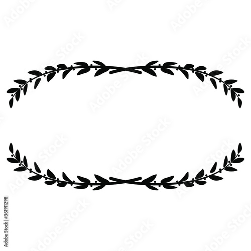 Oval floral decor or frame with stylized olive or laurel branches. Black and white silhouette.