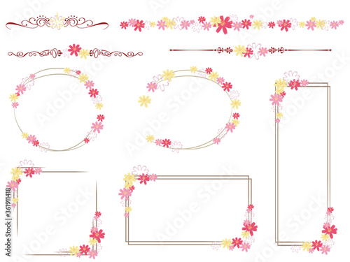 Illustration of a set of ruled lines and frames with cosmos flowers.