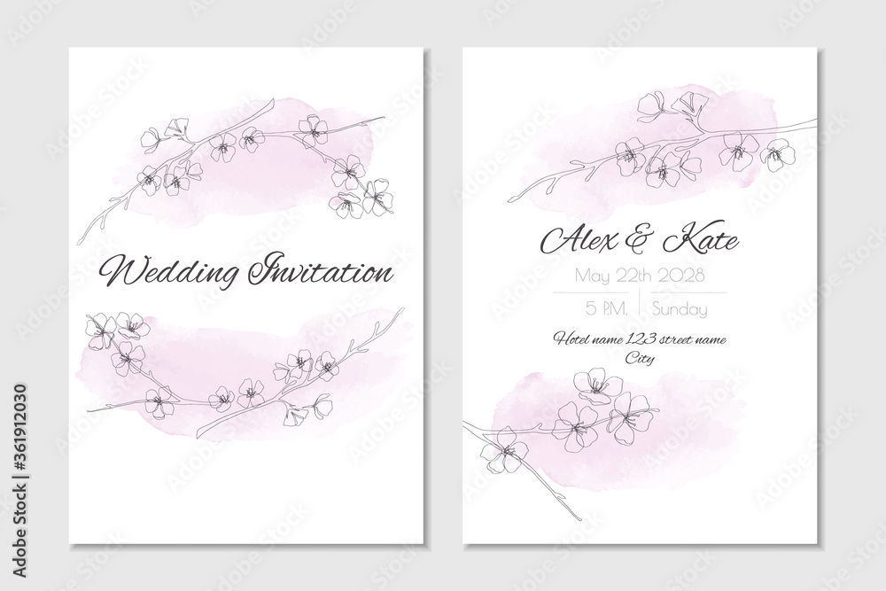 Vector wedding invitation template with pink watercolour cherry branches