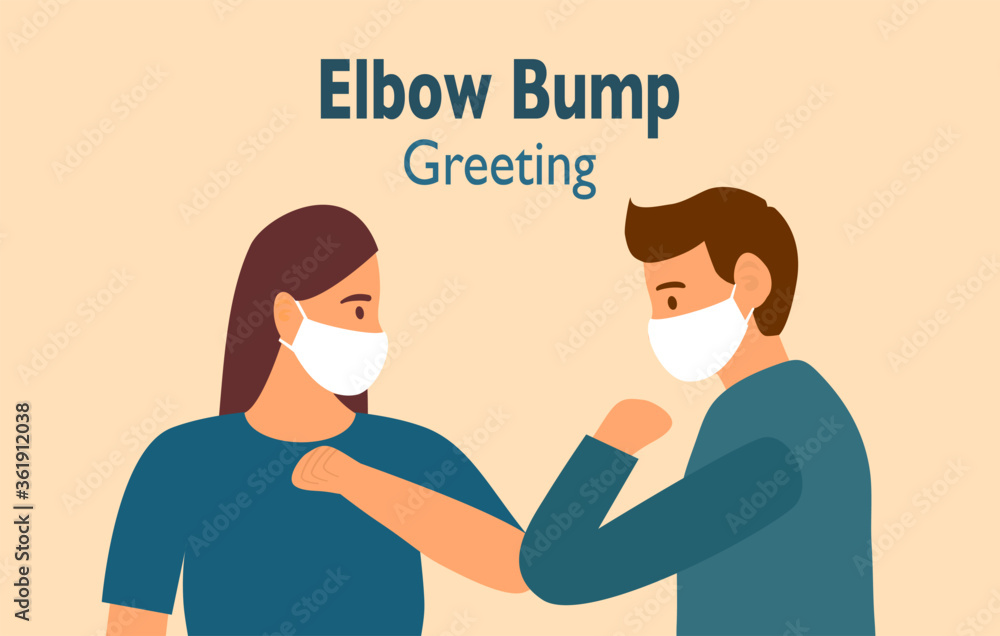 Obraz premium Elbow bump concept. Man and woman hit elbow for greeting. Safe greeting to prevent Covid-19 coronavirus influenza infection vector illustration. New normal greeting method.