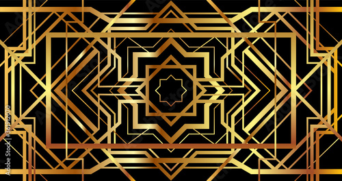 Art Deco banner with golden retro ornament. Horizontal background in gatsby style. photo
