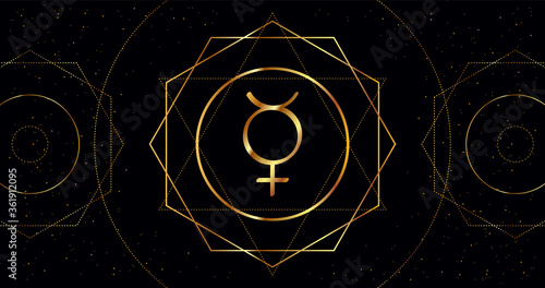 Mercury planet icon. Astrological sign of golden color on a black background with geometric ornament.