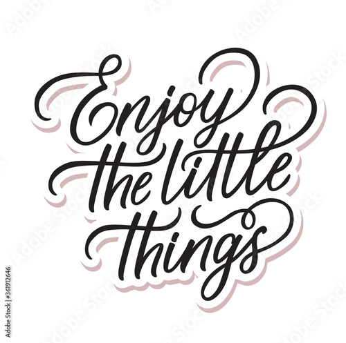 Vector illustration with Enjoy the little things. Hand lettering. Modern calligraphy. Motivational quote. Handwritten letters isolated on white background. Best for t-shirt, cards, hotel and home.